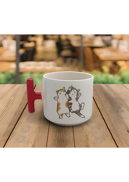 Sevimli Kedi Baskılı 200ML T-Kulp Kupa, El Yapımı, Beyaz
