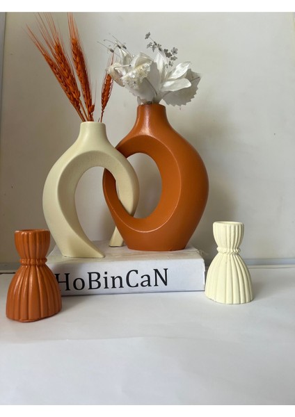 Turuncu Kiremit Sarmaşık Sevgili Vazo ve Mumluk Seti modelleri