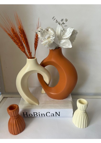 Turuncu Kiremit Sarmaşık Sevgili Vazo ve Mumluk Seti fırsatları