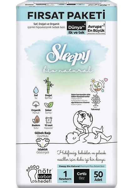Bebek Bezi Bio Natural Beden: 1 (2- 5kg) Yeni Doğan Newborn 200 Adet Avantaj Fırsat Pk fiyatları