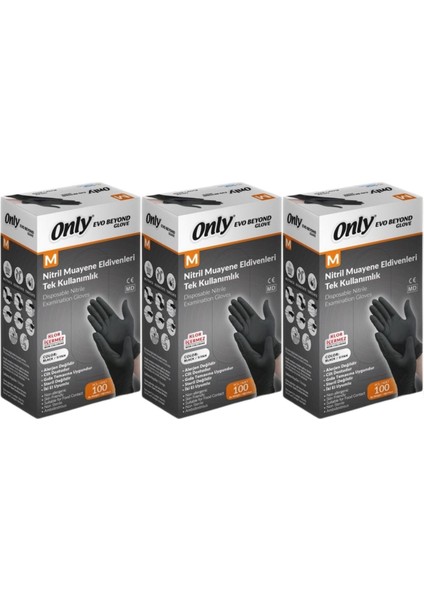 Evo Beyond Glove Nitril Siyah Pudrasız Muayene Eldiveni 300 Lü Set M - Medium - Orta (3PK*100)