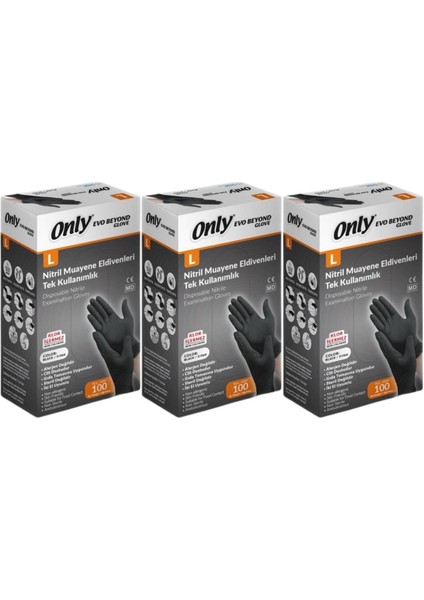 Evo Beyond Glove Nitril Siyah Pudrasız Muayene Eldiveni 300 Lü Set L - Large - Büyük (3PK*100)