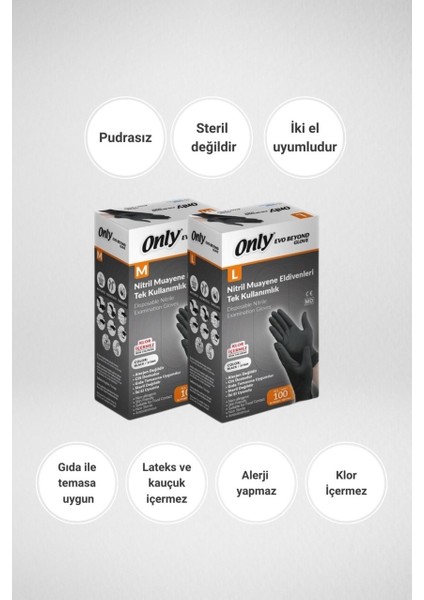 Evo Beyond Glove Nitril Siyah Pudrasız Muayene Eldiveni 300 Lü Set L - Large - Büyük (3PK*100) fırsatları