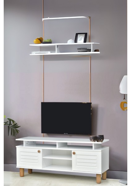 Helena Tv Sehpası Beyaz 2 Kapaklı Açık Raflı Mebran Detaylı 140x36x60 Cm