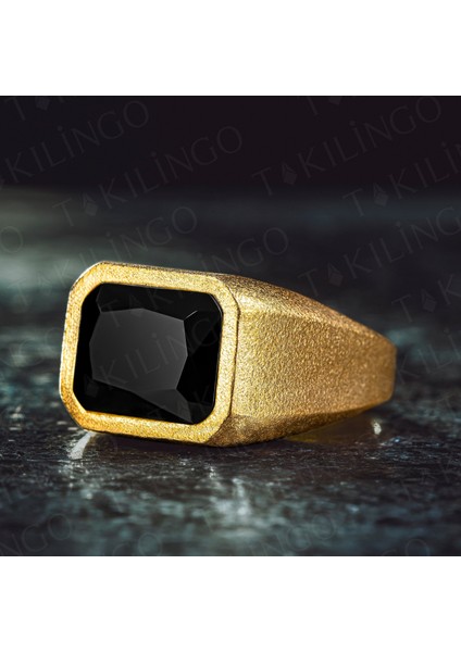 925 Ayar Gümüş Altın Kaplama Siyah Zirkon Taşlı Sade Erkek Yüzük