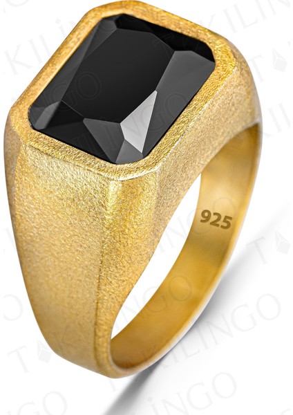 925 Ayar Gümüş Altın Kaplama Siyah Zirkon Taşlı Sade Erkek Yüzük fiyatları