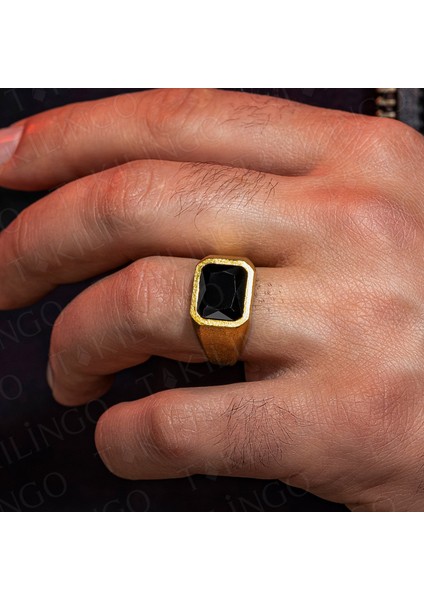 925 Ayar Gümüş Altın Kaplama Siyah Zirkon Taşlı Sade Erkek Yüzük modelleri