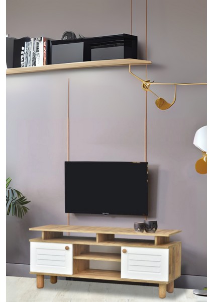 Helena Tv Sehpası Beyaz 2 Kapaklı Açık Raflı Ahşap Görünümlü Atlantik Çam 140x60x36 Cm