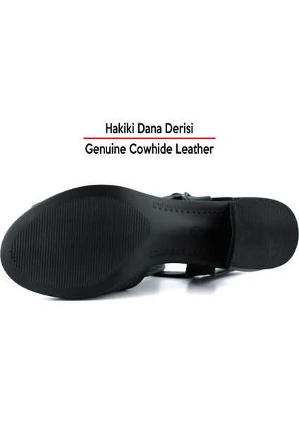Elena Siyah Hakiki Dana Derisi Önü Arkası Açık Delik Detaylı Kalın Topuklu Rahat Günlük Sandalet