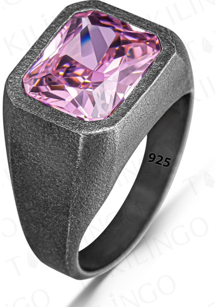 MH-120 925 Ayar Gümüş Oksitli Pembe Zirkon Taşlı Sade Erkek Yüzük fiyatları