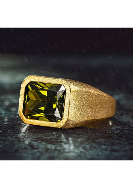 925 Ayar Gümüş Altın Kaplama Yeşil Peridot Olivin Taşlı Sade Erkek Yüzük