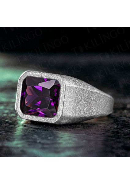 925 Ayar Gümüş Mor Zirkon Taşlı Sade Erkek Yüzük