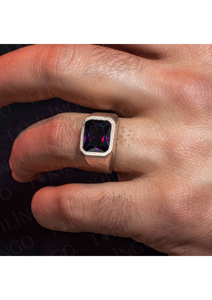 925 Ayar Gümüş Mor Zirkon Taşlı Sade Erkek Yüzük modelleri