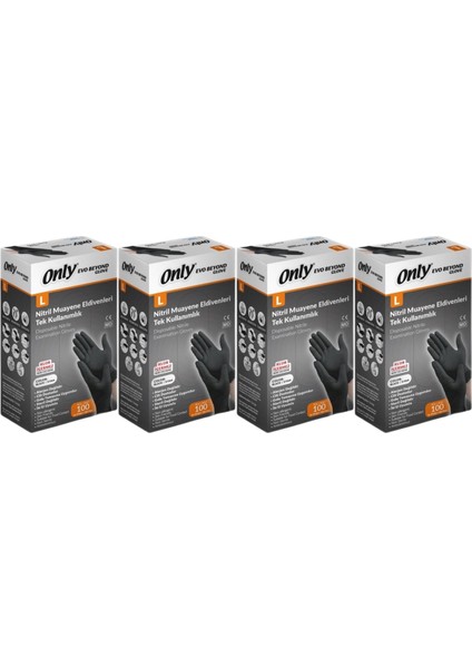 Evo Beyond Glove Nitril Siyah Pudrasız Muayene Eldiveni 400 Lü Set L - Large - Büyük (4PK*100)