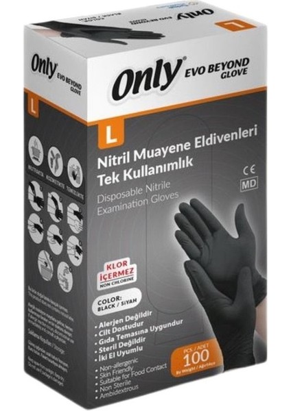 Evo Beyond Glove Nitril Siyah Pudrasız Muayene Eldiveni 400 Lü Set L - Large - Büyük (4PK*100) fiyatları