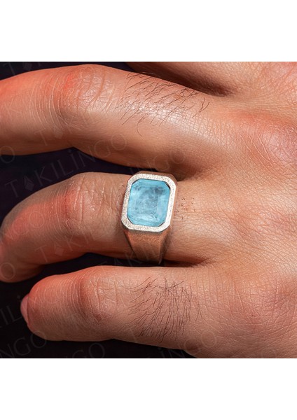 925 Ayar Gümüş Paraiba Taşlı Sade Erkek Yüzük