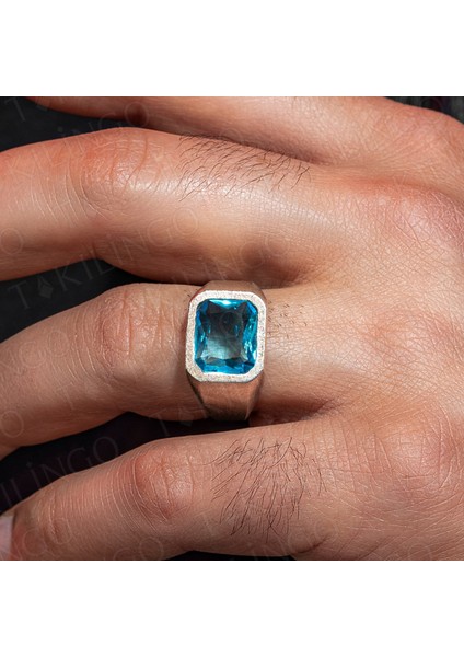 MH-152 925 Ayar Gümüş Akuamarin Taşlı Sade Erkek Yüzük