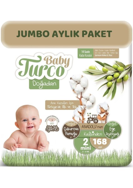 Bebek Bezi Doğadan Beden:2 (3-6kg) Mini 168 Adet Jumbo Aylık Pk