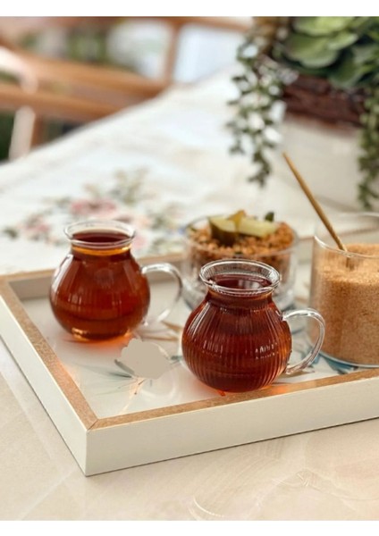 6'lı Ala Çizgili Borosilikat Cam Çay Bardağı 220ML Kulplu Set