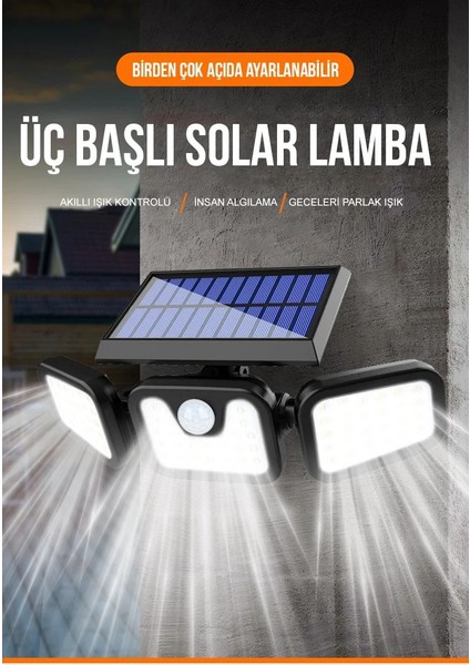 Solar Güneş Enerjili 74 Ledli Hareket Sensörlü 3 Modlu Bahçe Balkon Aydınlatma Sokak Lambası