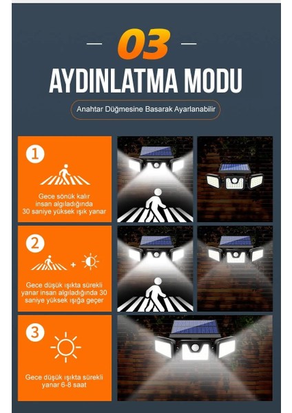 Solar Güneş Enerjili 74 Ledli Hareket Sensörlü 3 Modlu Bahçe Balkon Aydınlatma Sokak Lambası