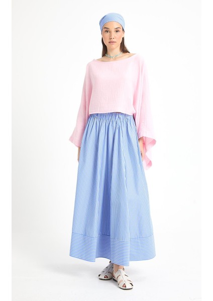 Mavi Çizgili Poplin Beli Lastikli Astarsız Uzun Etek 29277