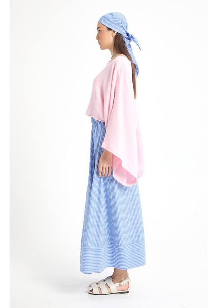 Mavi Çizgili Poplin Beli Lastikli Astarsız Uzun Etek 29277 fiyatları