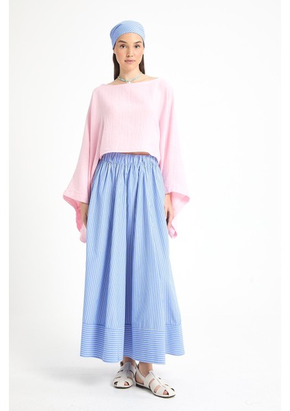 Mavi Çizgili Poplin Beli Lastikli Astarsız Uzun Etek 29277 modelleri