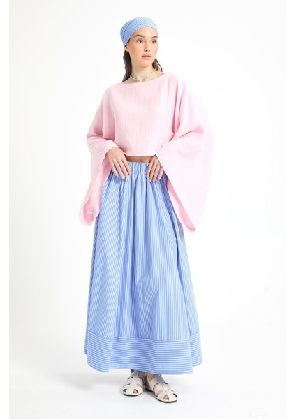 Mavi Çizgili Poplin Beli Lastikli Astarsız Uzun Etek 29277 fırsatları