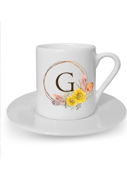 Çiçek Desenli G Harfi Baskılı Beyaz Türk Kahvesi Fincanı