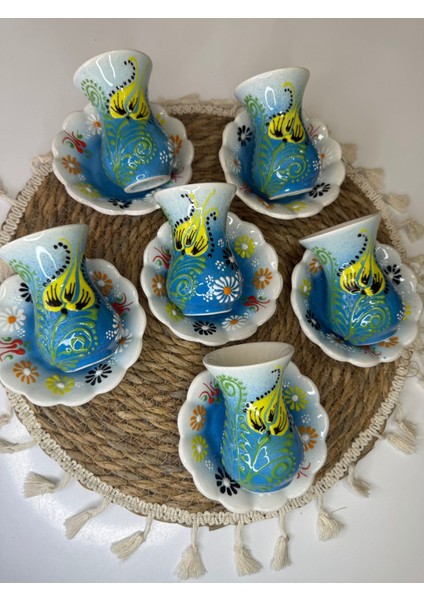 El Yapımı Seramik Çay Bardağı Seti, 6 Kişilik, 12 Parça, Mavi Renkli