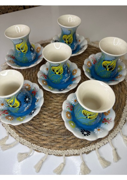 El Yapımı Seramik Çay Bardağı Seti, 6 Kişilik, 12 Parça, Mavi Renkli fiyatları