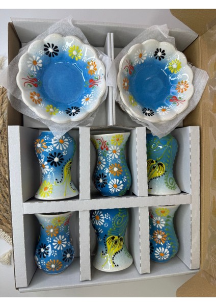 El Yapımı Seramik Çay Bardağı Seti, 6 Kişilik, 12 Parça, Mavi Renkli fırsatları