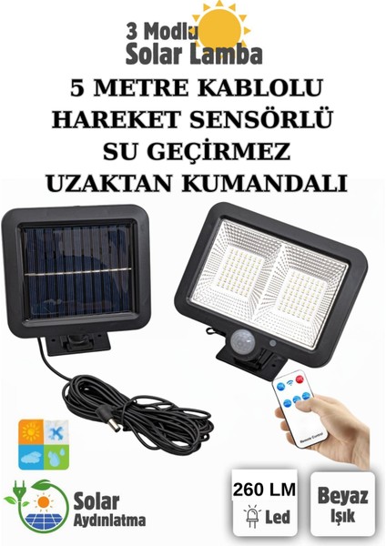 Güneş Enerjili 260 Lümen Hareket Sensörlü Kumandalı Bahçe Balkon Aydınlatma Sokak Lambası