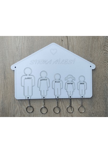 Kişiye Özel Aile Temalı Anahtarlık Seti - Ev Şeklinde Duvar Askısı ile (5 Kişilik)
