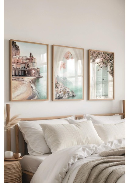 Ahşap Çerçeveli Pembe ve Mavi Duvar Tablosu 3'lü Set modelleri