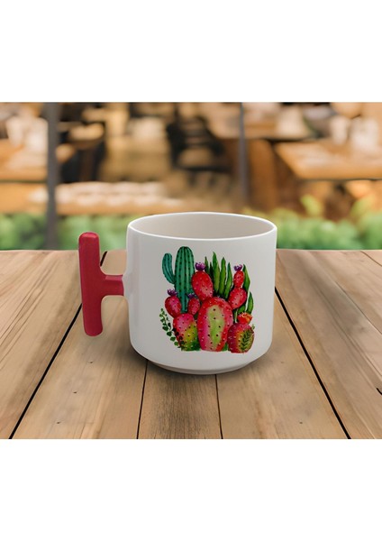 El Yapımı Kaktüs Baskılı 200 ml Beyaz Kupa, Şık ve Kullanışlı Tasarım.