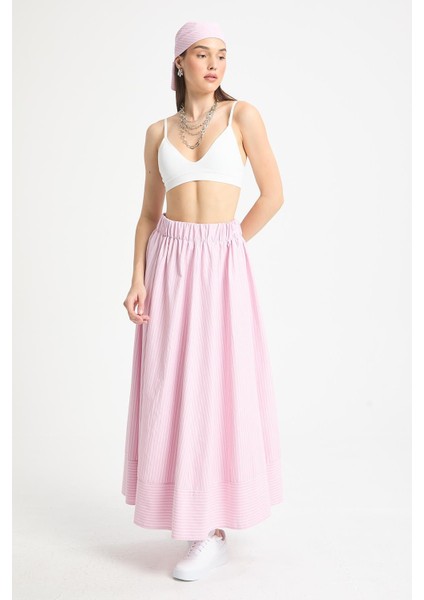 Pembe Çizgili Poplin Beli Lastikli Astarsız Uzun Etek 29277