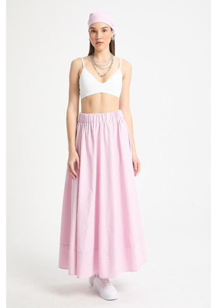 Pembe Çizgili Poplin Beli Lastikli Astarsız Uzun Etek 29277 fiyatları
