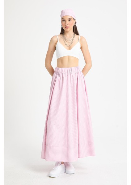 Pembe Çizgili Poplin Beli Lastikli Astarsız Uzun Etek 29277 modelleri