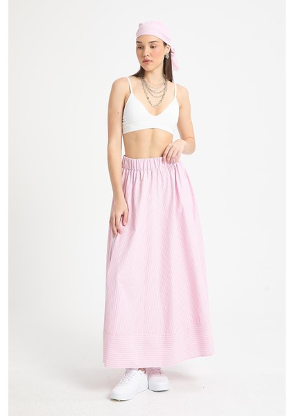 Pembe Çizgili Poplin Beli Lastikli Astarsız Uzun Etek 29277 fırsatları