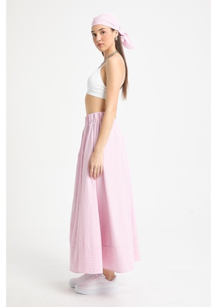 Pembe Çizgili Poplin Beli Lastikli Astarsız Uzun Etek 29277 indirimleri