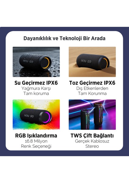 Nowgo F6 20W Rgb Speaker Su Geçirmez Taşınabilir Kablosuz Bluetooth Hoparlör Gri indirimleri