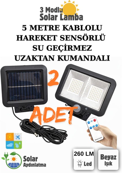2 Adet Güneş Enerjili 260 Lümen Hareket Sensörlü Kumandalı Bahçe Balkon Aydınlatma Sokak Lambası