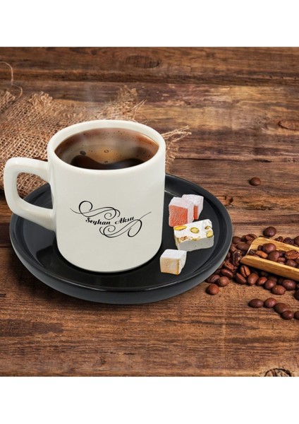 Kişiye Özel Siyah Sunum Tabaklı Türk Kahvesi Fincanı, Şık ve Renkli Tasarım