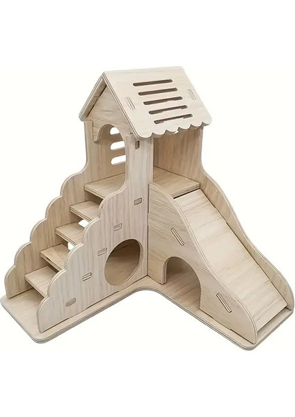 Hamster Için Merdiven ve Kaykaylı Ahşap Oyun Evi