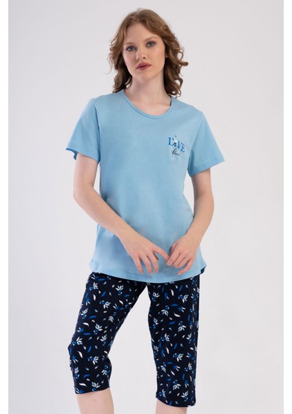 Pamuklu Kadın Büyük Beden Kısa Kol Kaprili Pijama Takım , 408058