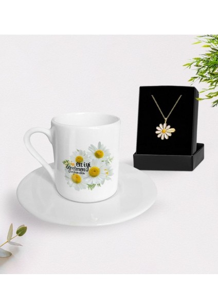 Renkli Papatya Temalı Öğretmen Için Kişiye Özel Kahve Fincanı ve Kolye Seti