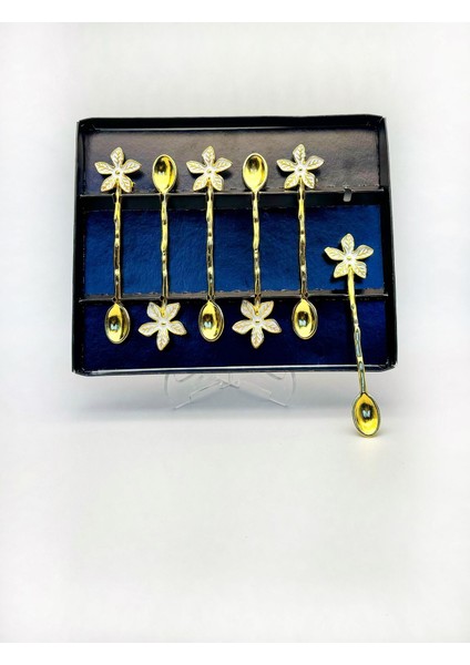 Altın Detaylı Beyaz Papatya Çay Kaşığı, 6'lı Set, Renkli ve Şık Tasarım