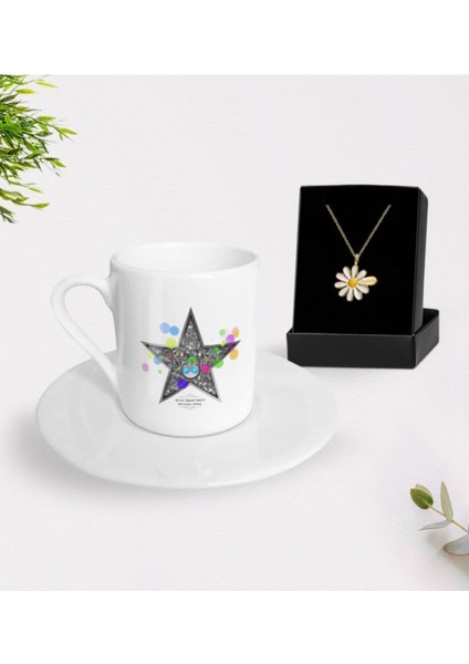 Kişiye Özel Türk Kahvesi Fincanı ve Isimli Papatya Kolye Hediye Seti